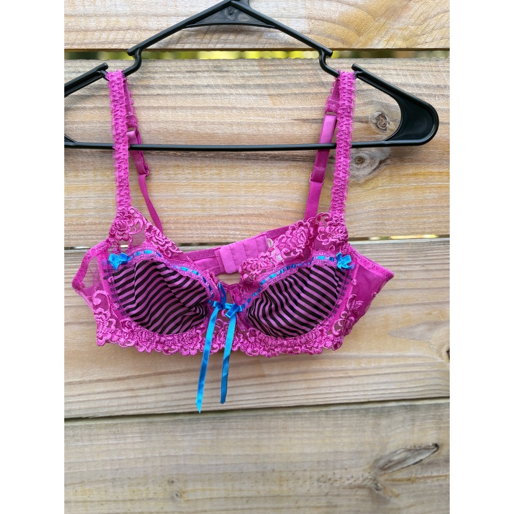 Jezebel Pink Lace Striped Balconette Bra Underwire Blue Bows 36B 10427